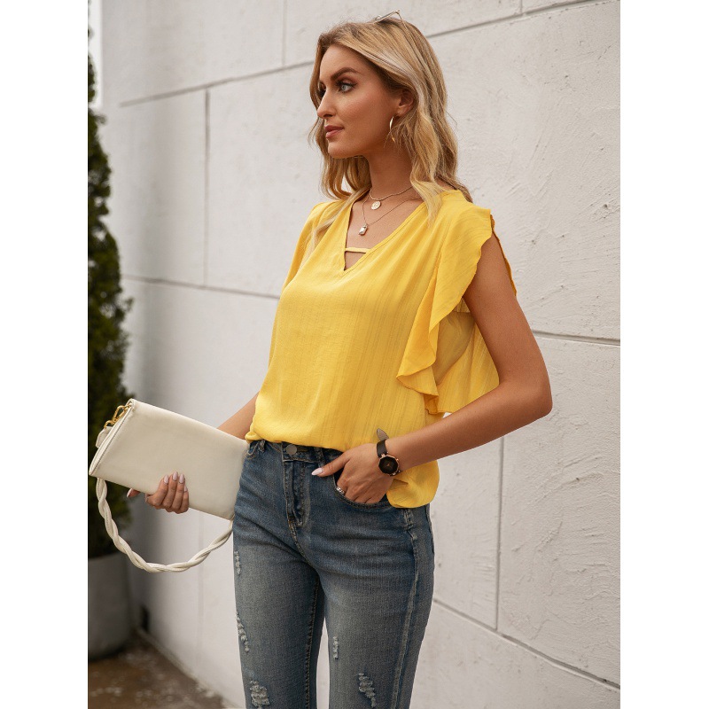 Solid Color V-Neck Shirt with Lotus Leaf Sleeves 5