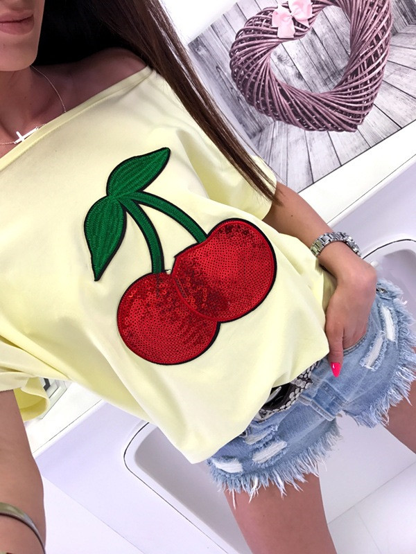 Cotton Blend Sequin Cherry Patch T-shirt 4