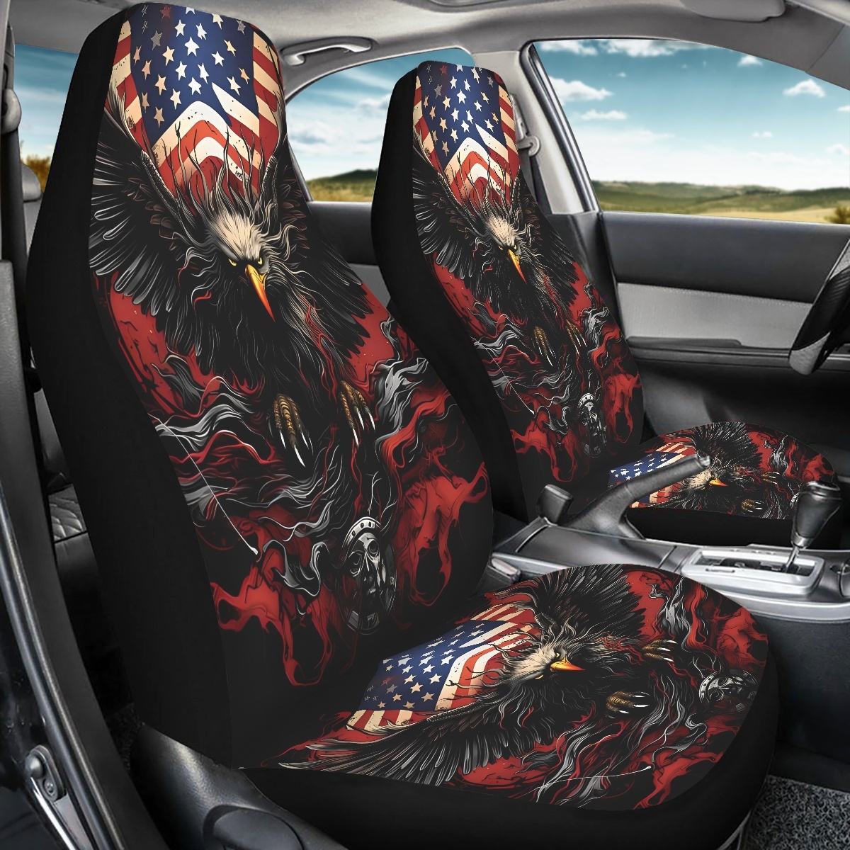 2 Front Car Seat Covers, Digitally Printed With An Eagle Pattern, Thin, Suitable For All Seasons, Fashionable Car Seat Covers 6