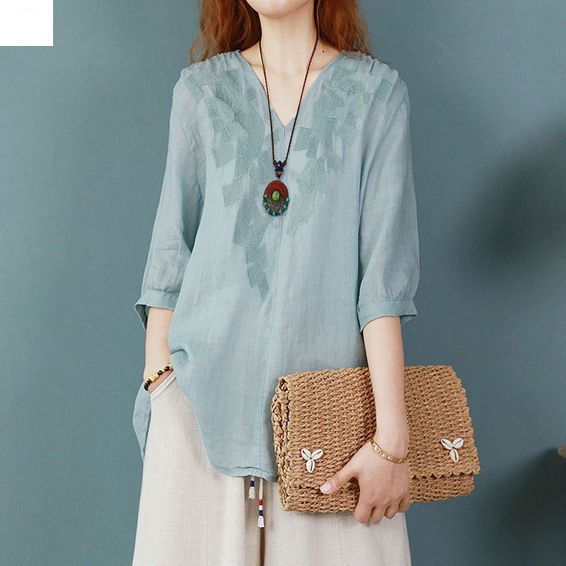 Embroidered Cotton Linen Summer T-Shirt 4