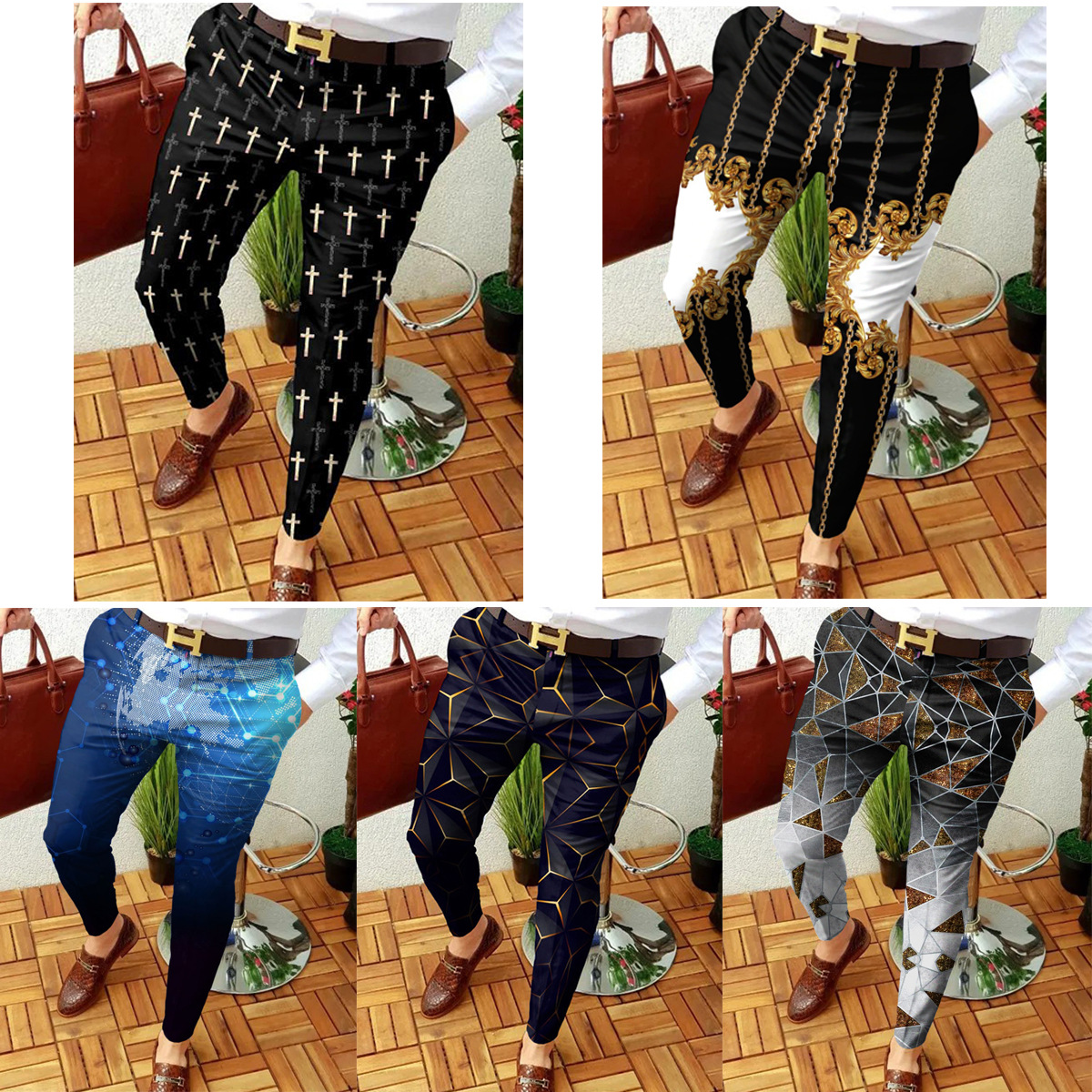 Casual Abstract Contrast Micro-Stretch Trousers 2