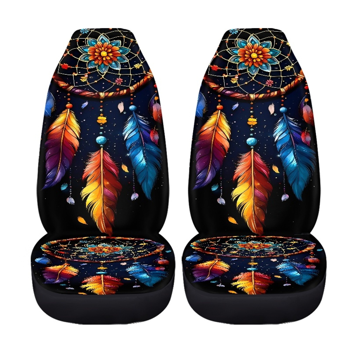 2 Front Car Seat Covers, Digitally Printed With Feather Patterns, Thin, Suitable For All Seasons, Fashionable Car Seat Covers 5