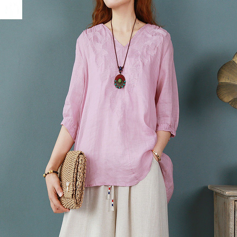 Embroidered Cotton Linen Summer T-Shirt 5