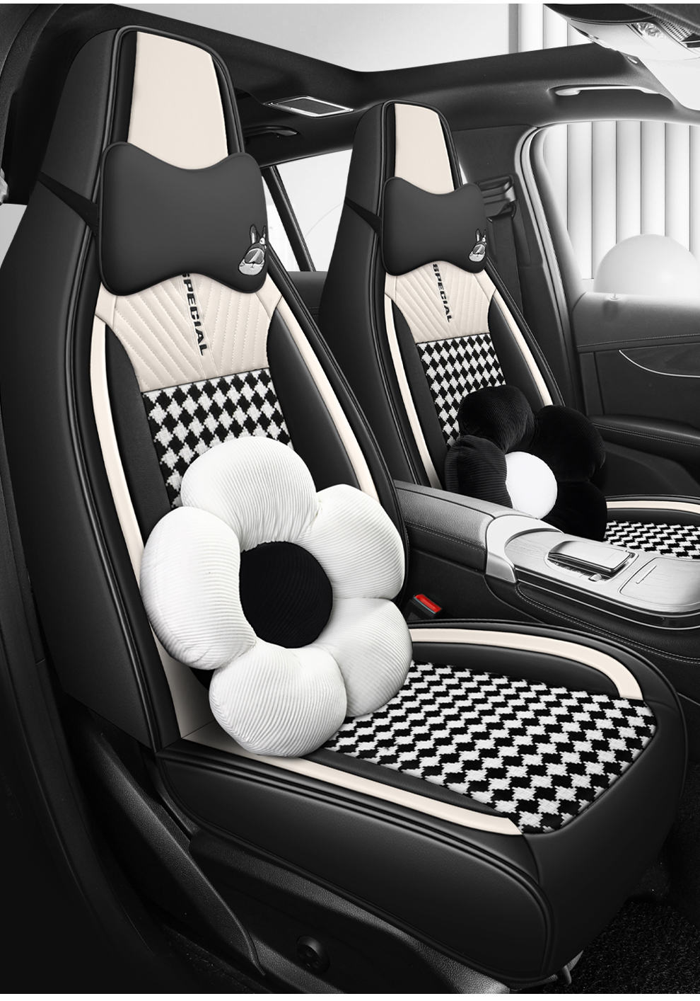 Light Luxury Nordic Style Classic Black White Checkered Plaid Car Seat Covers Full 5-Seat Set Breathable Soft Universal Auto Seat Cushion Protector For Vehicles 10