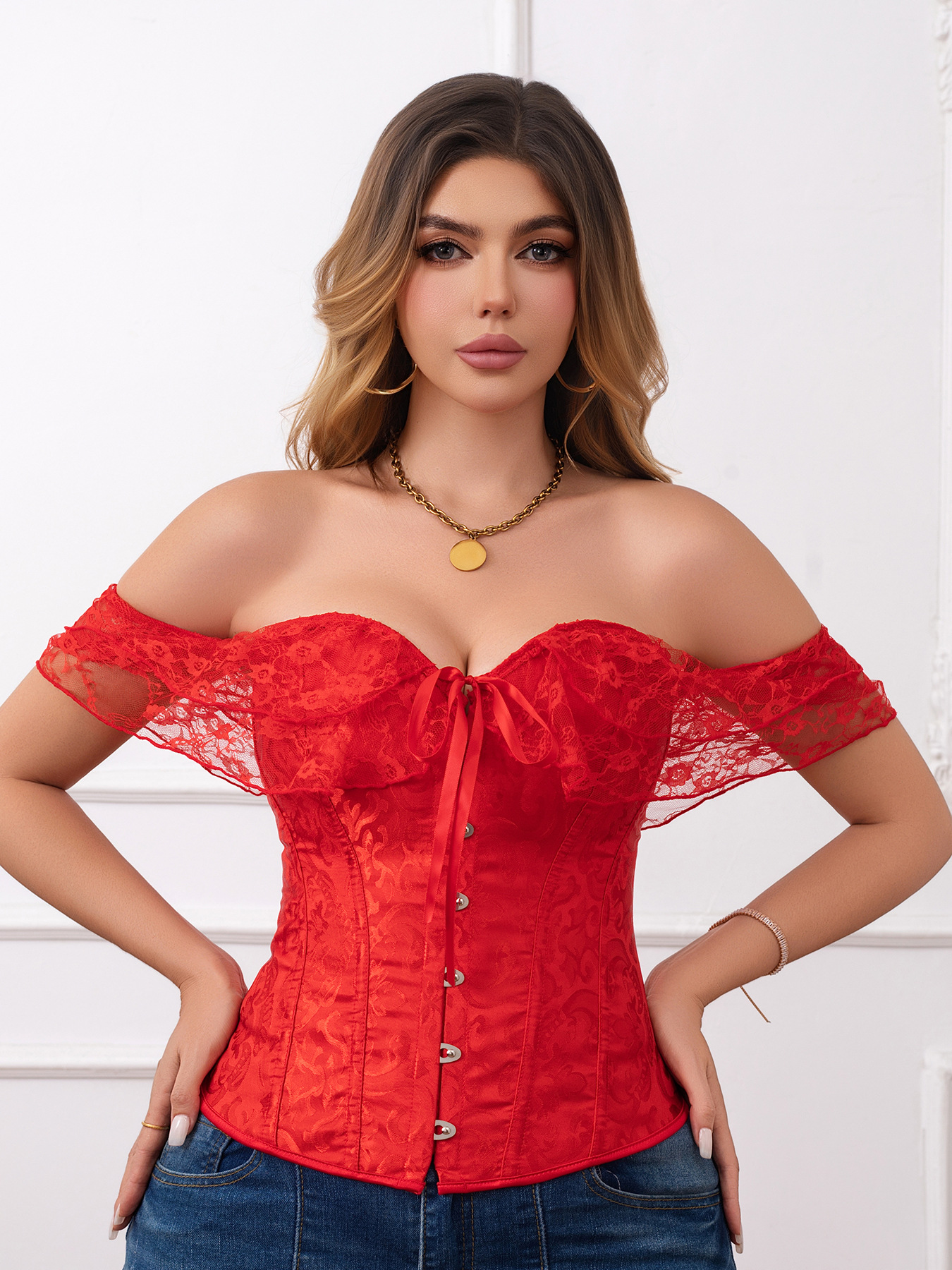 Red Off-Shoulder Lace Corset Dress