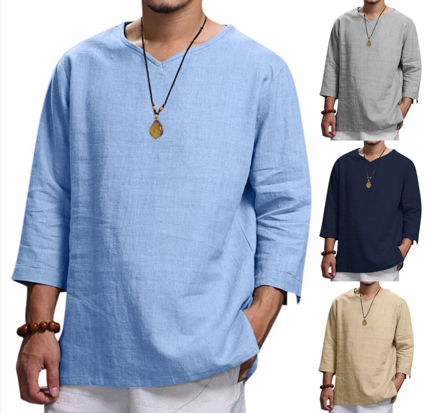 Men's Loose Casual Cotton and Linen V-Neck Top