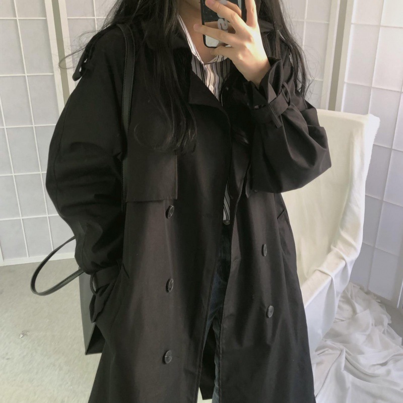 Women’s Black Mid-Length Double-Breasted Trench Coat