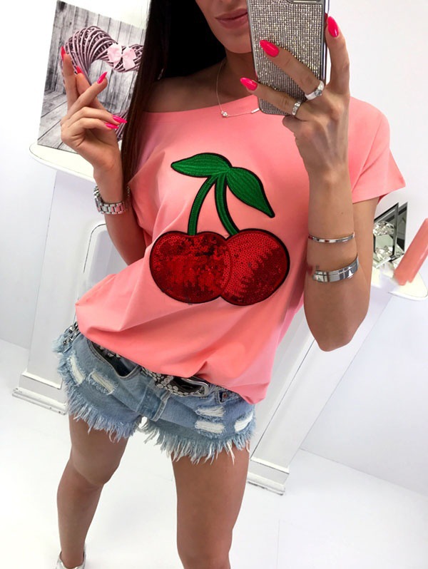 Cotton Blend Sequin Cherry Patch T-shirt 5