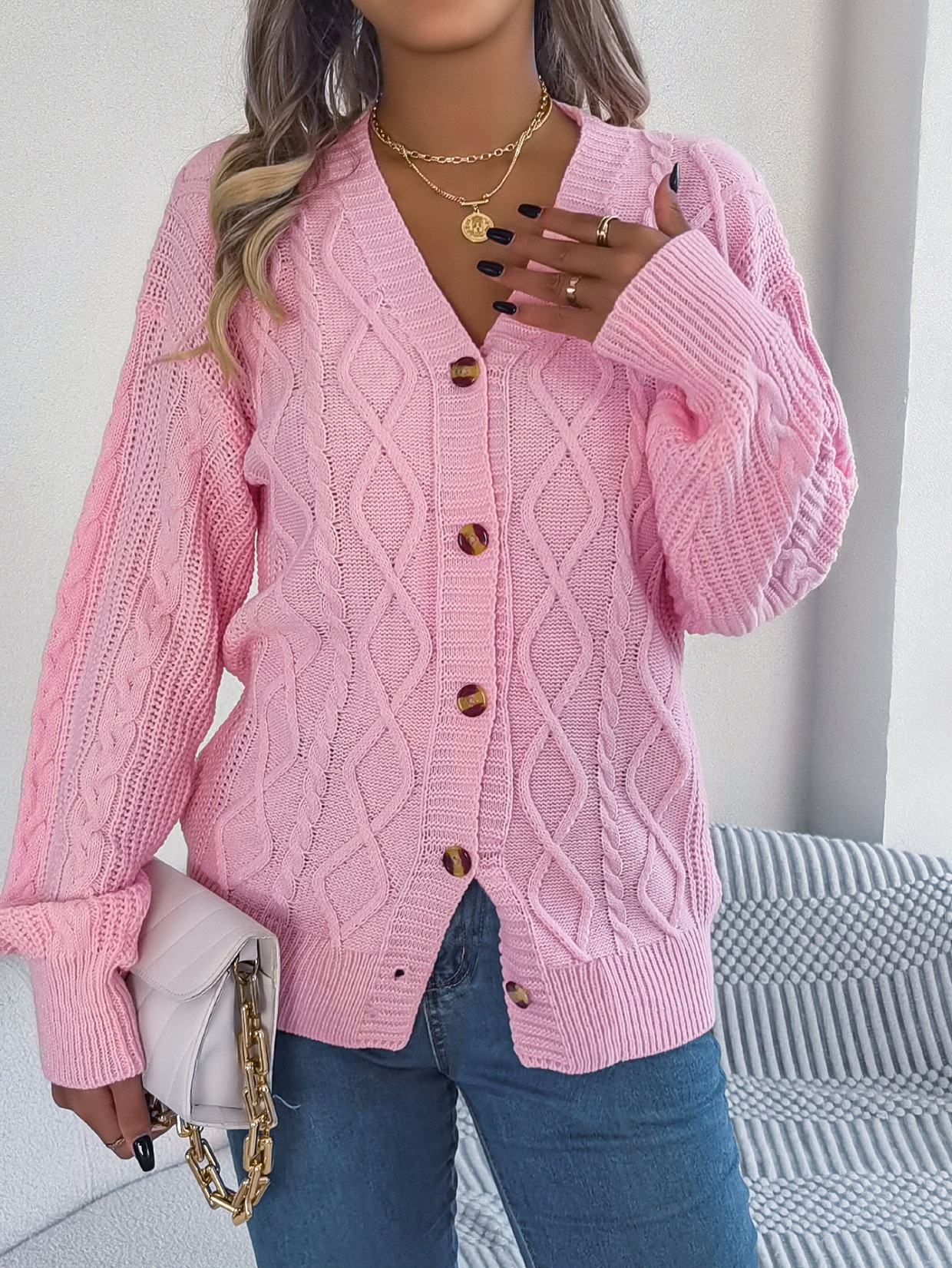 Women's Casual V-Neck Cable-Knit Button Cardigan Sweater