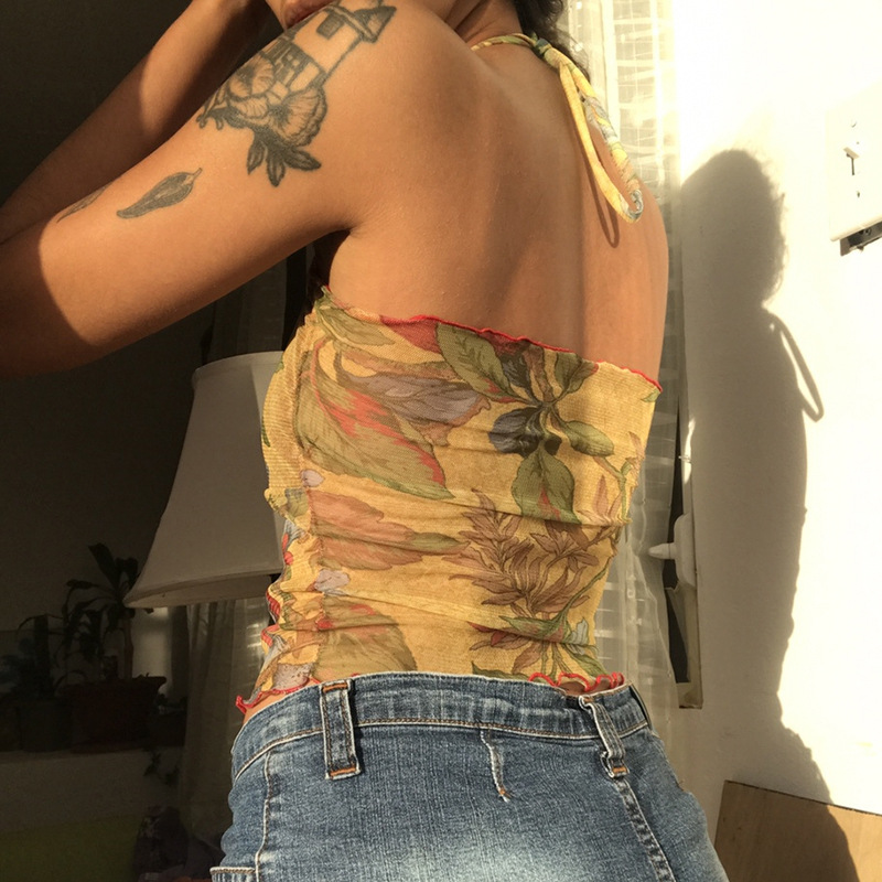 Vintage Printed Mesh Lace-Up Cropped Bandeau Top 3