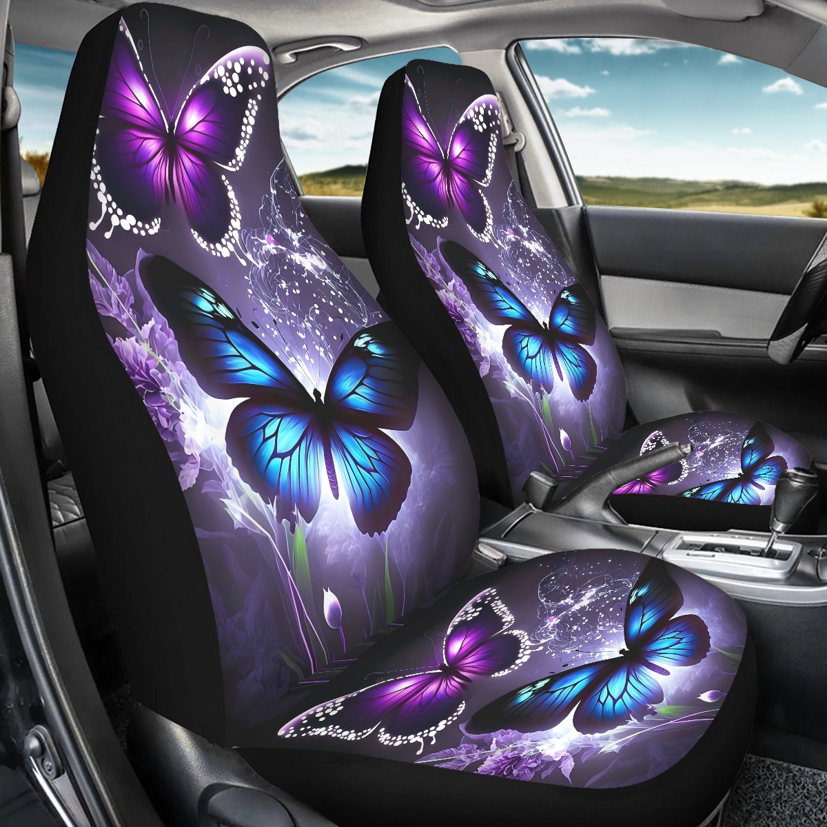 2 Front Car Seat Covers, Digitally Printed With Butterfly Patterns, Thin, Suitable For All Seasons, Fashionable Car Seat Covers 8