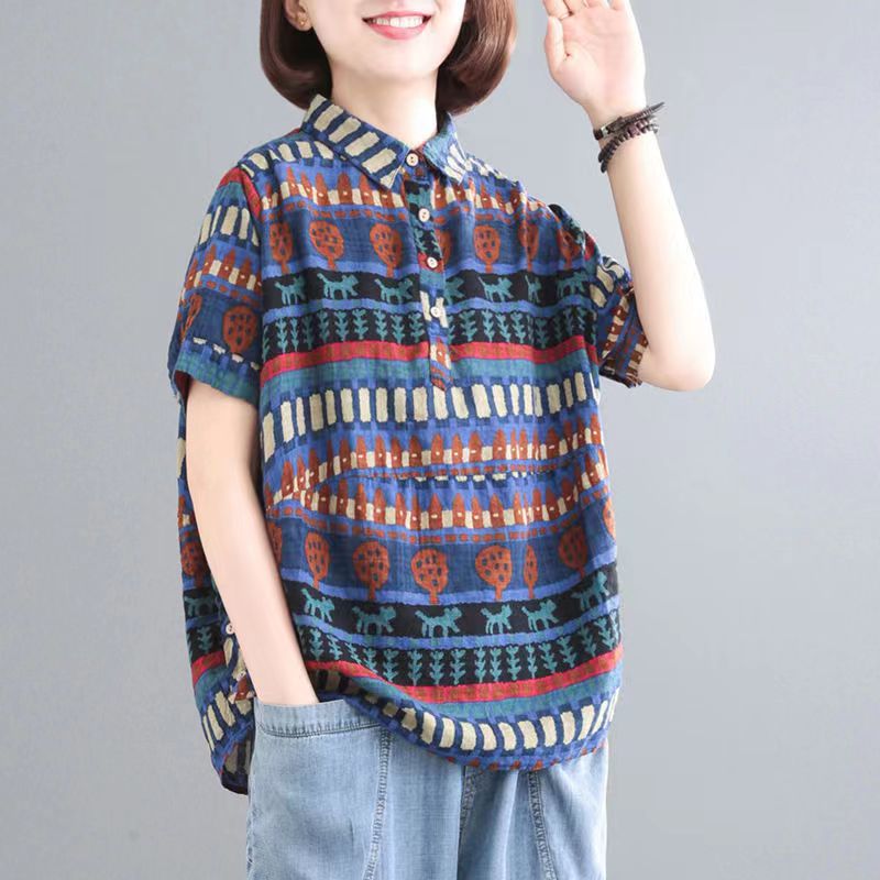 Casual Loose Fit Cotton and Hemp Short Sleeve Shirt 4