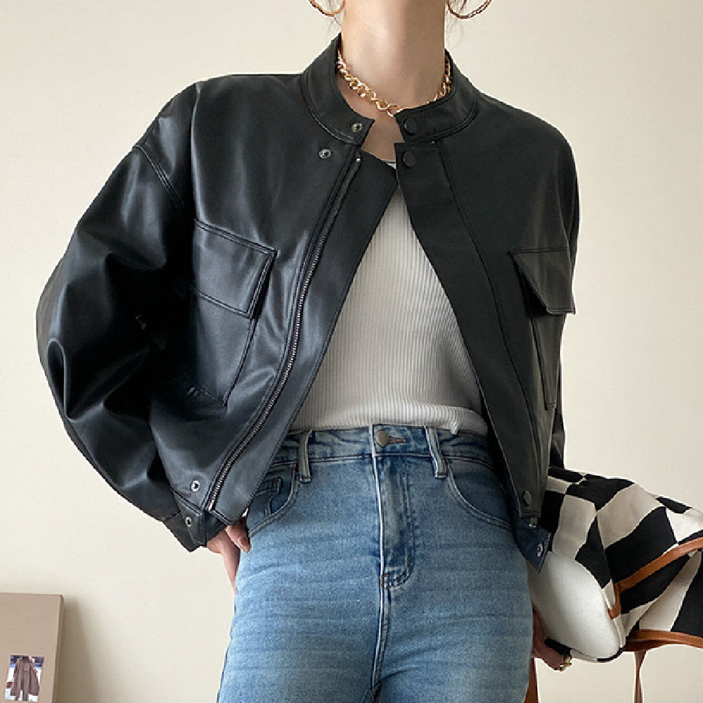 Women's Casual Leather Jacket with Small Stand Collar