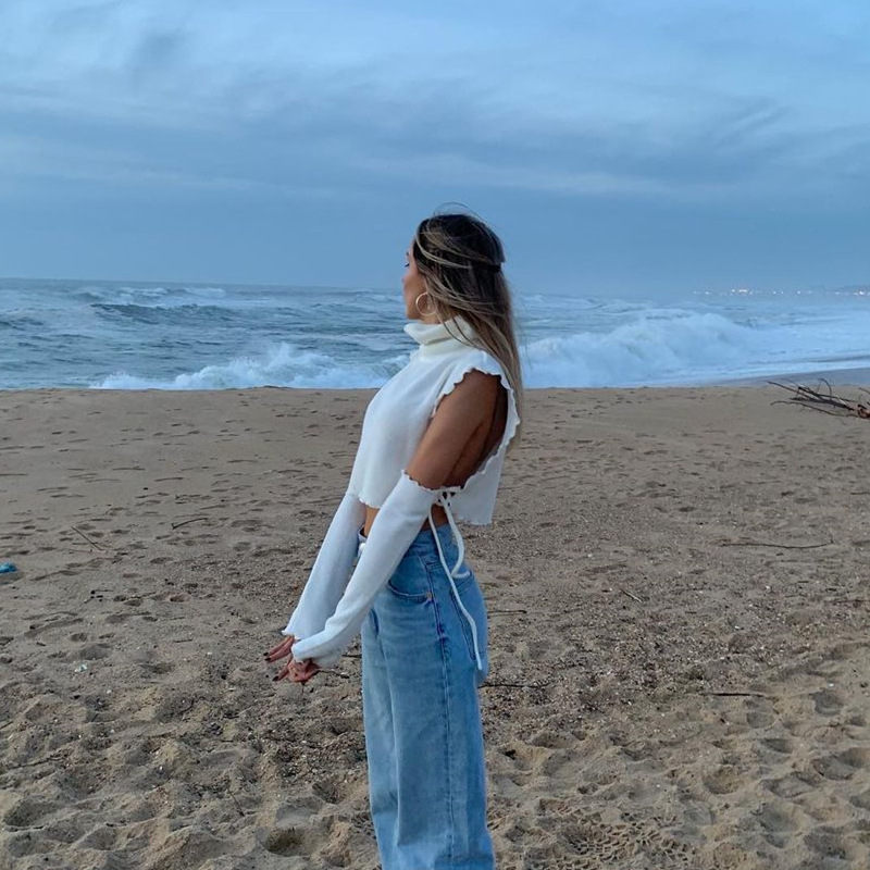 Solid Color High Collar Hollow Sleeve Set 4