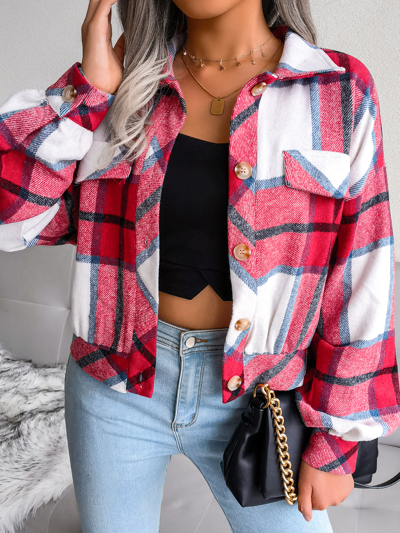 Plaid Lantern Sleeve Wool Coat
