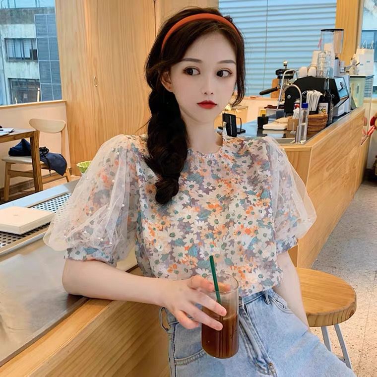 Beaded Mesh Puff Sleeve Chiffon Top 4