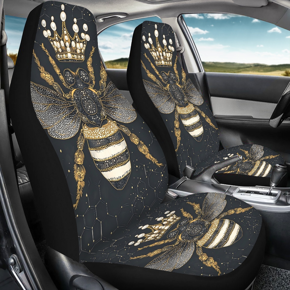 2 Front Car Seat Covers, Digitally Printed With A Honeybee Pattern, Thin, Suitable For All Seasons, Fashionable Car Seat Covers 9