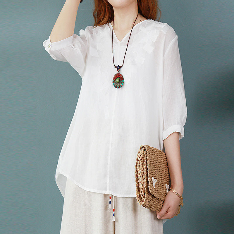 Embroidered Cotton Linen Summer T-Shirt 7