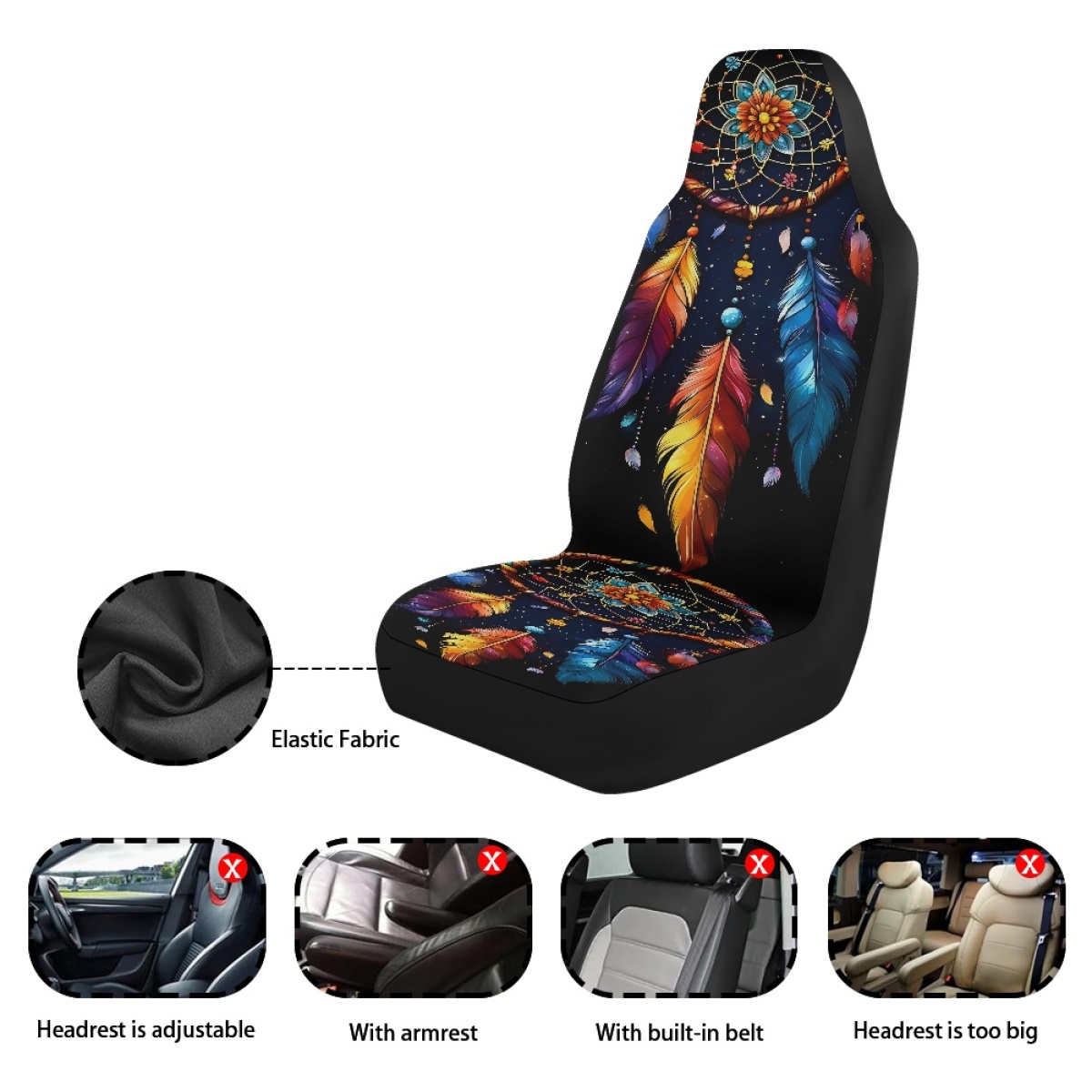 2 Front Car Seat Covers, Digitally Printed With Feather Patterns, Thin, Suitable For All Seasons, Fashionable Car Seat Covers 4
