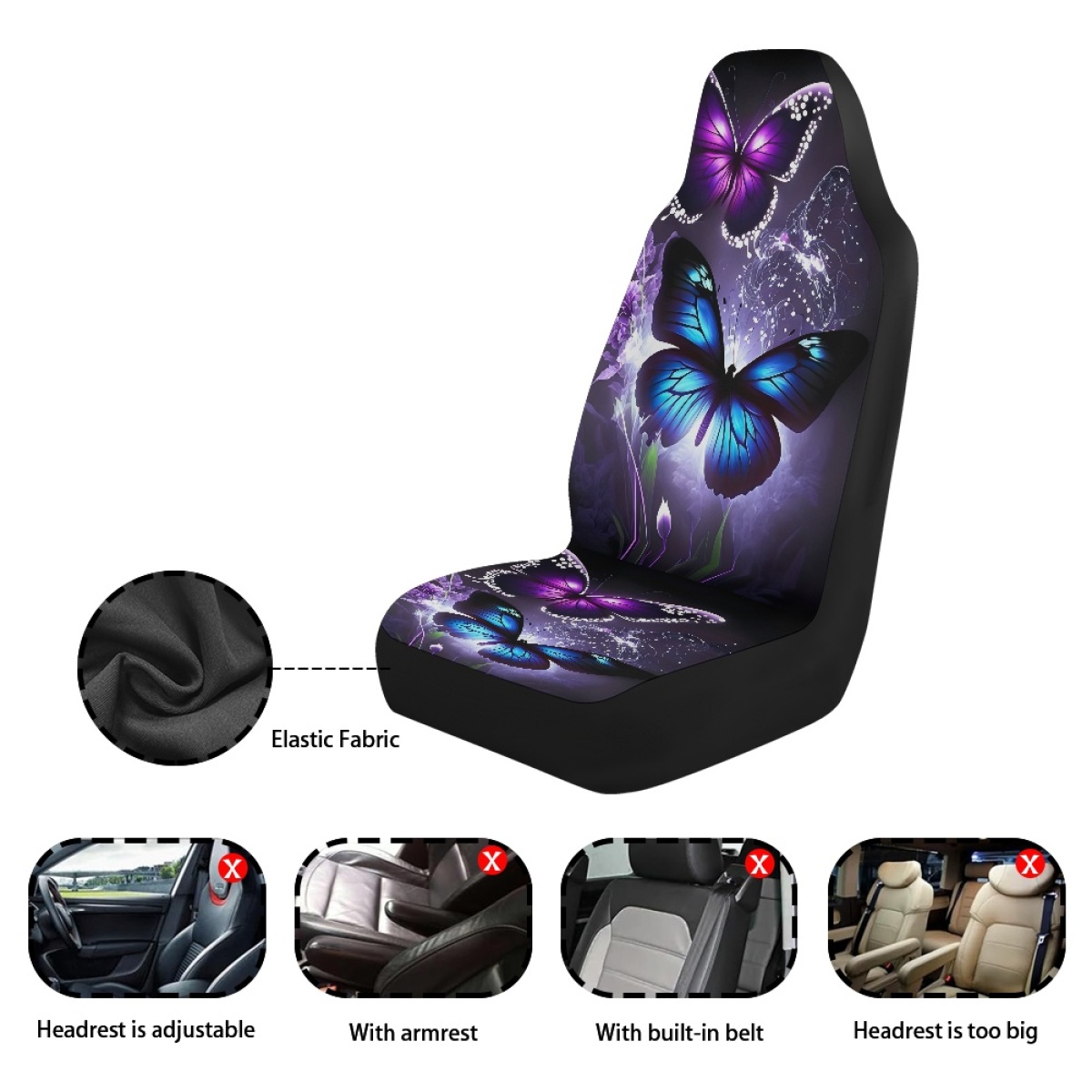 2 Front Car Seat Covers, Digitally Printed With Butterfly Patterns, Thin, Suitable For All Seasons, Fashionable Car Seat Covers 5