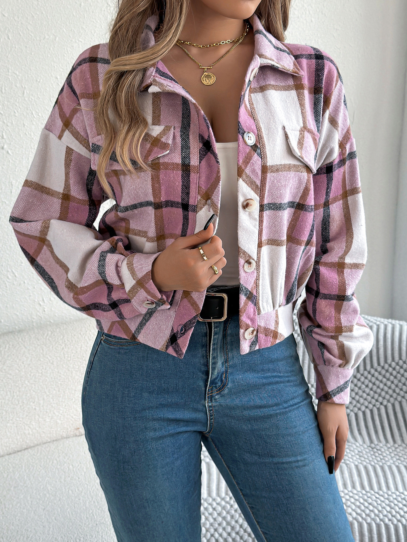 Casual Plaid Wool Jacket with Faux Pockets
