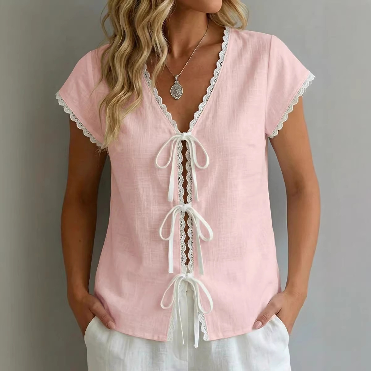 Contrast Lace-Trim Short Sleeve Top 3