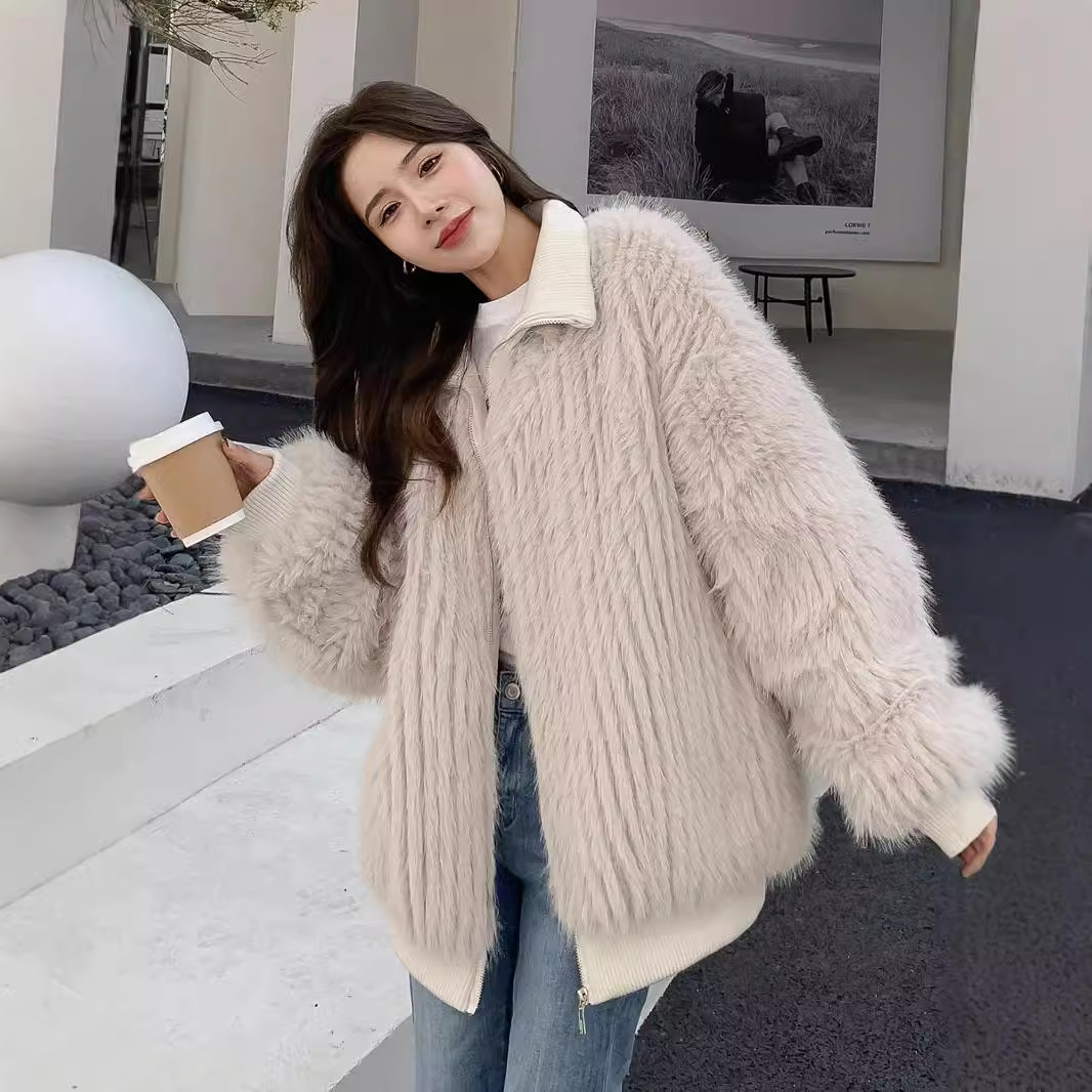 Women's Stand-Collar Vertical-Stripe Faux-Fur Coat