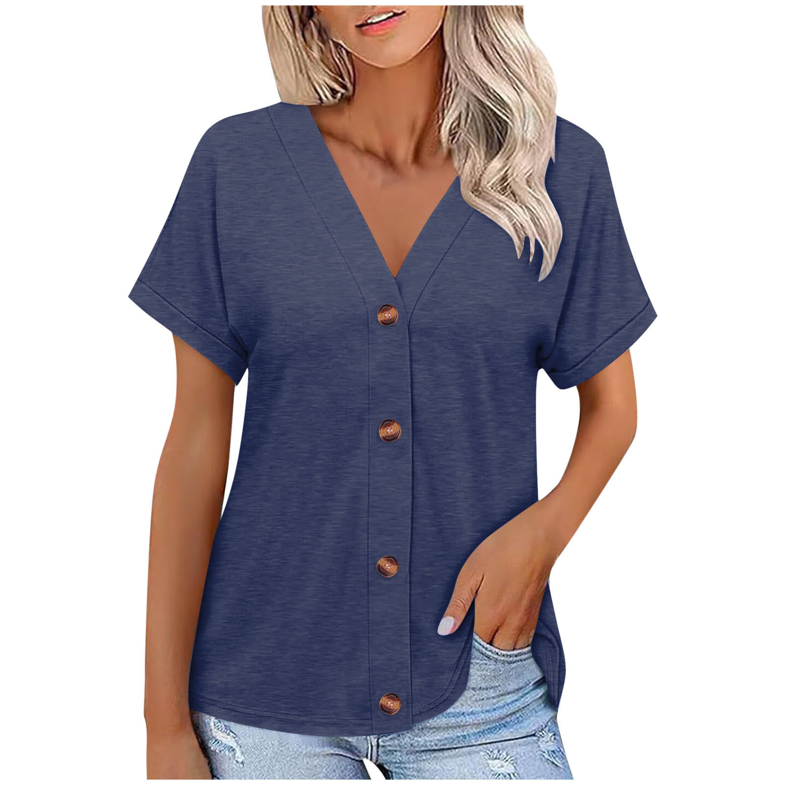 Solid Color Button-Up Loose Short Sleeve Top for Women 7