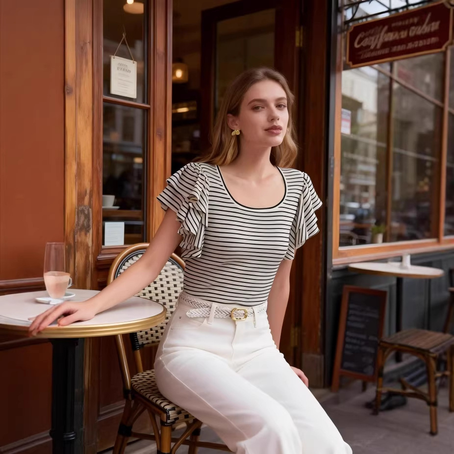Women's Ribbed Knit Ruffled Short Sleeve Top 3