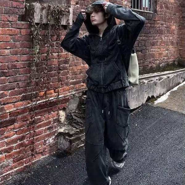 Washed Distressed Hooded Zip Sweatshirt and Casual Pants