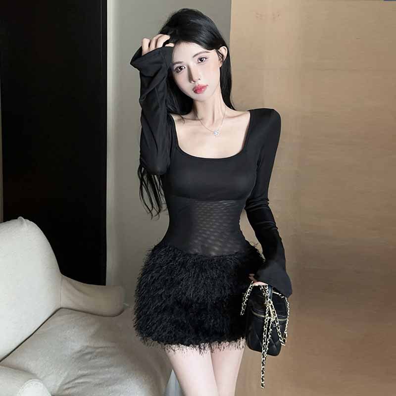 Black Fitted Dress with Square Neck and Fur Detail
