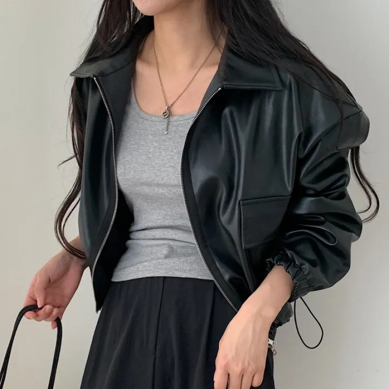 Women's Lapel Leather Coat with Double Zipper Pockets