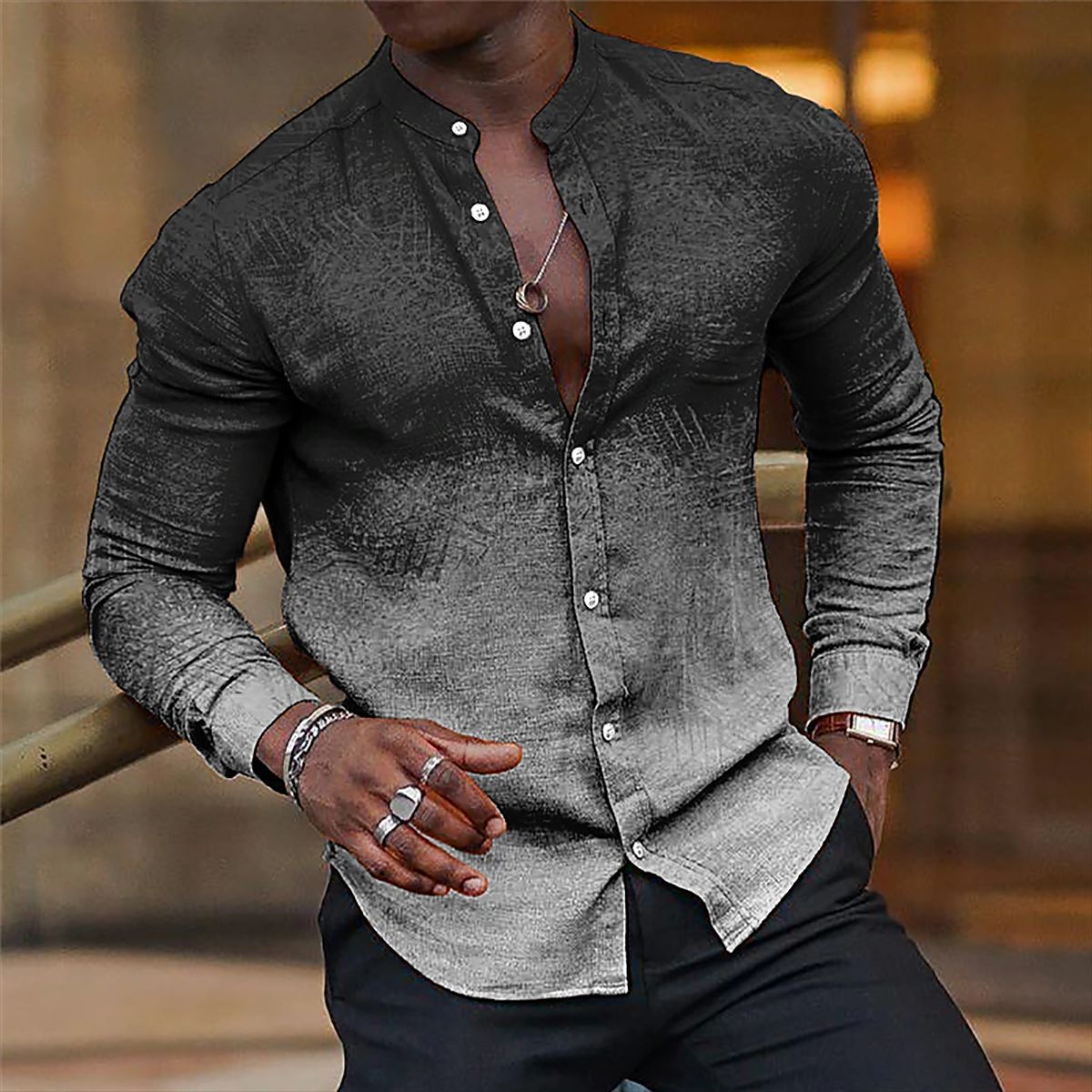 Gradient Casual Long-Sleeve Stand-Collar Shirt for Men