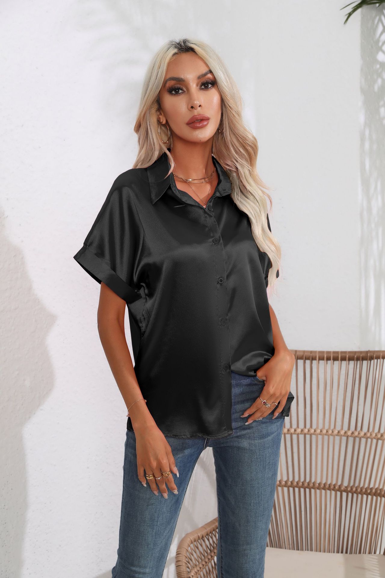 Cuffed Satin Short-Sleeve Blouse 10