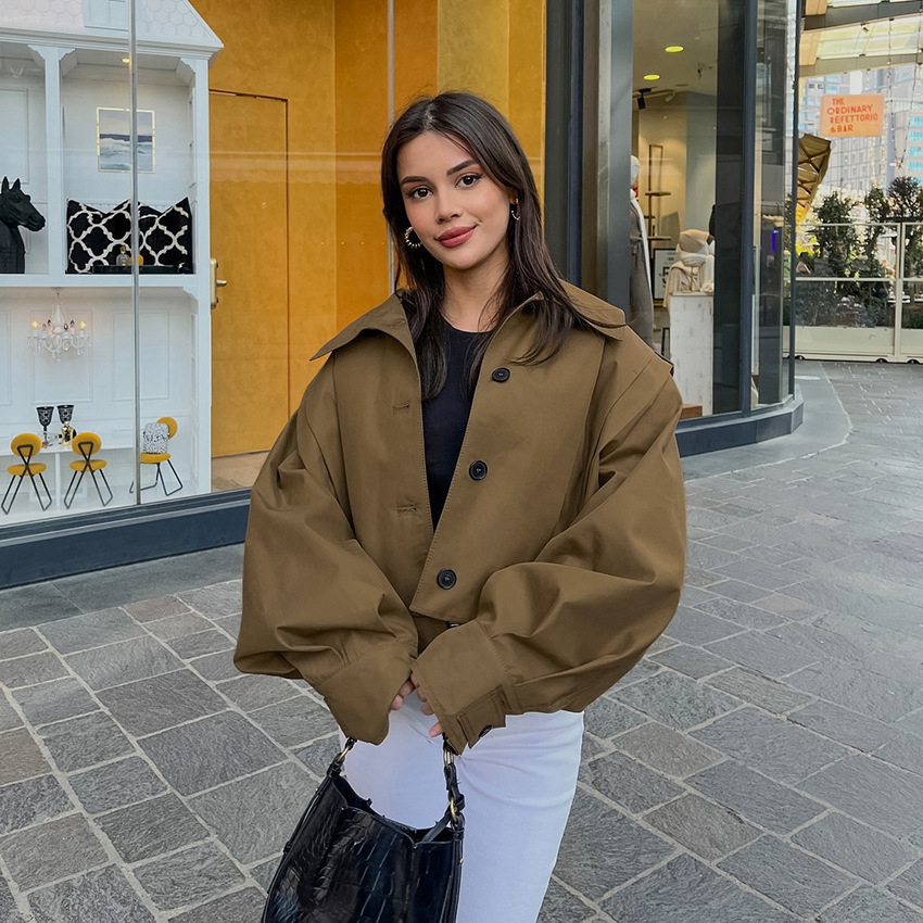 Khaki Simple Single-Breasted Lapel Coat