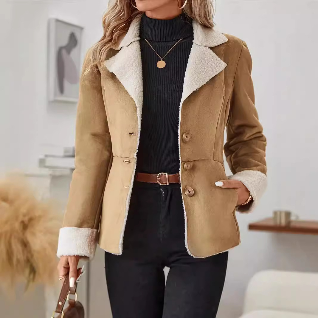 Casual Warm Fur-Integrated Lapel Pocket Jacket