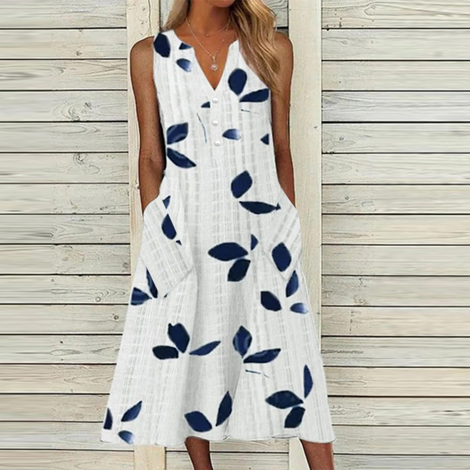 Women's Casual Leaf Print V-Neck Midi Dress