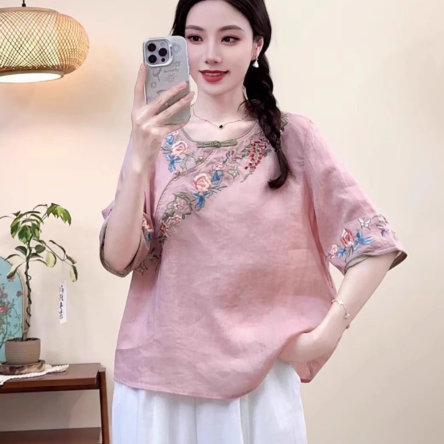 Women's Embroidered Cotton-Linen Short Sleeve Shirt 9
