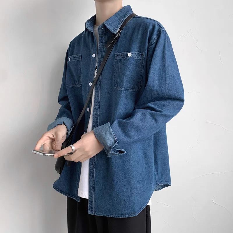 Men's denim long-sleeve shirt with turn-down collar