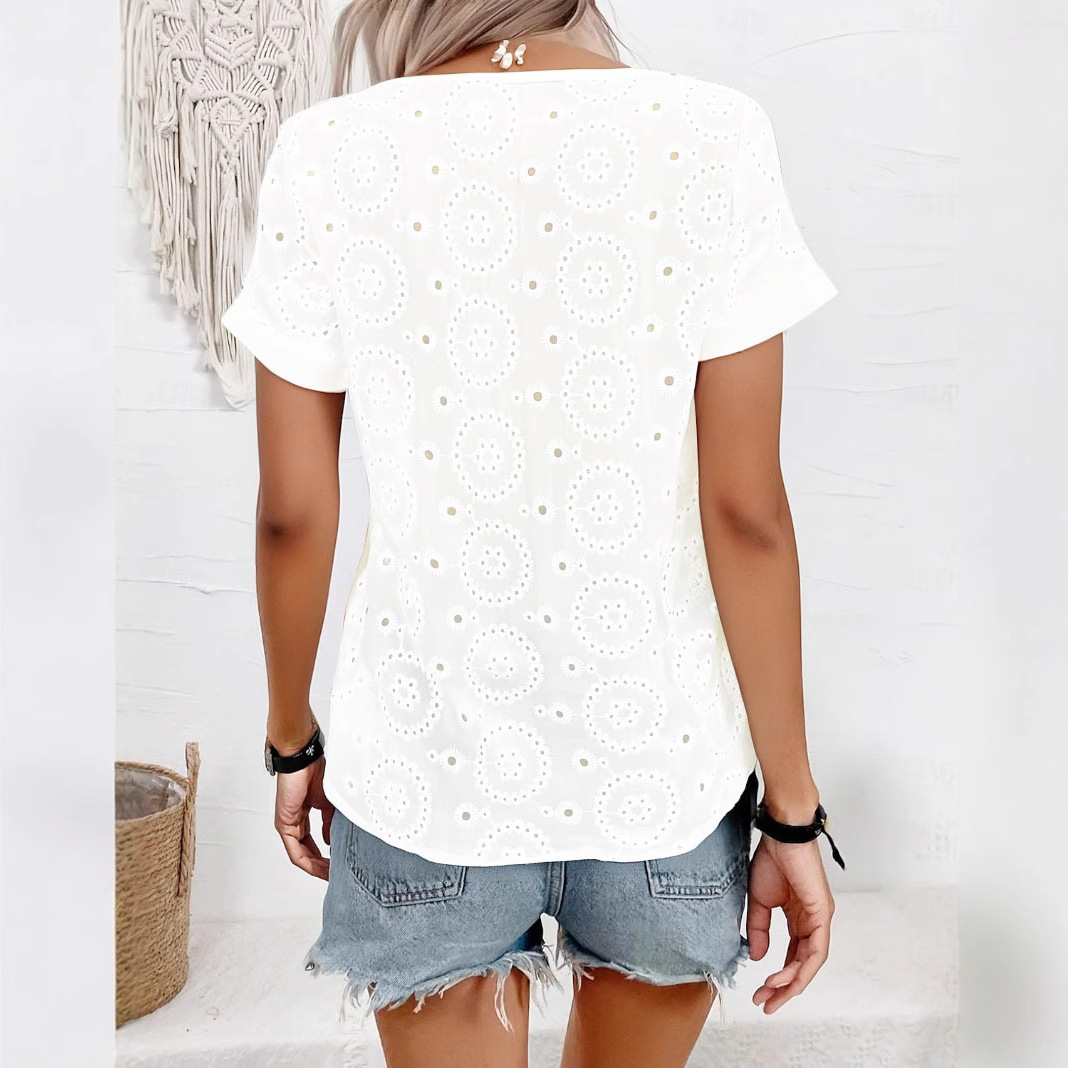 Elegant V-Neck Hollow Short Sleeve T-Shirt 2