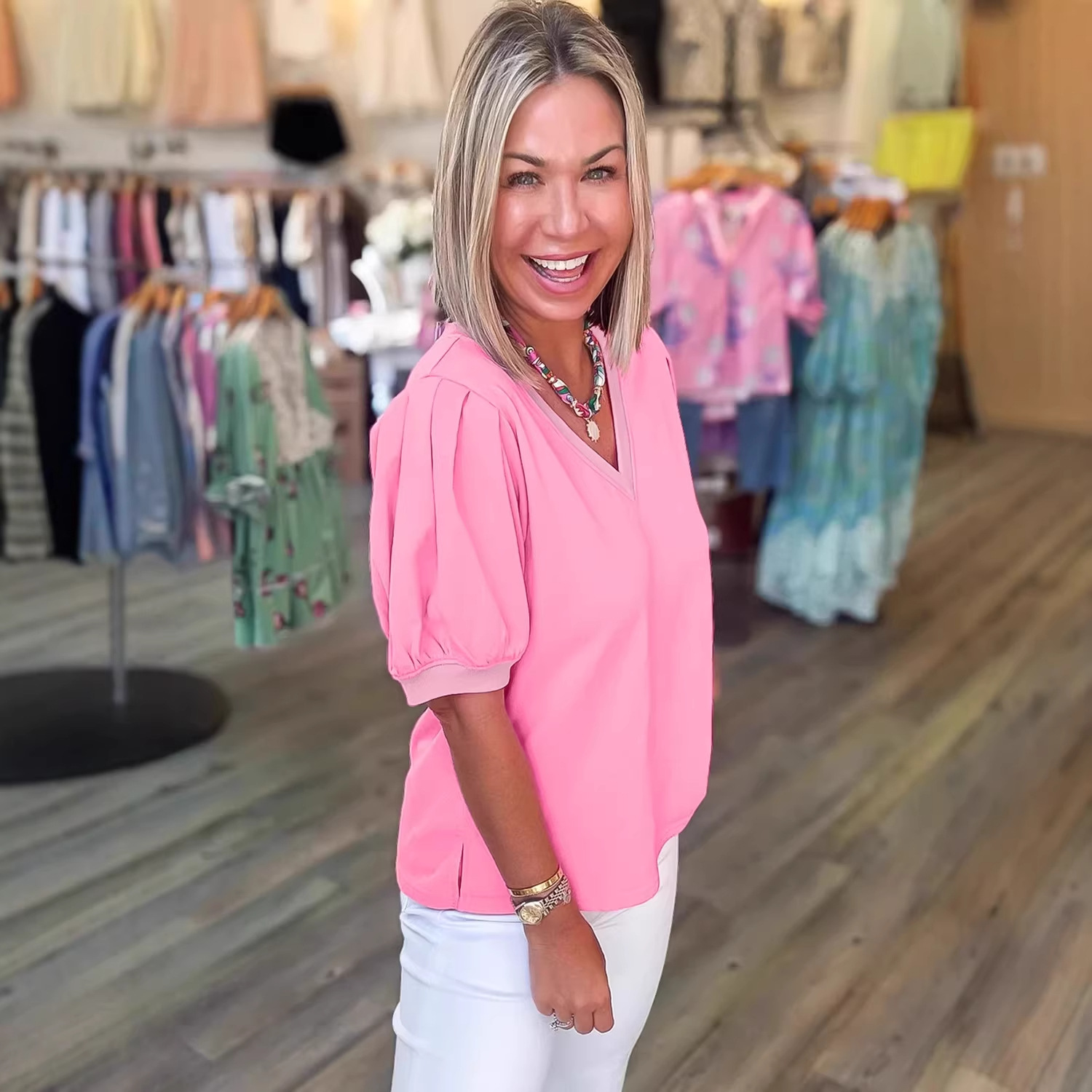 Women's Solid Color V-Neck Drop-Shoulder Top 3