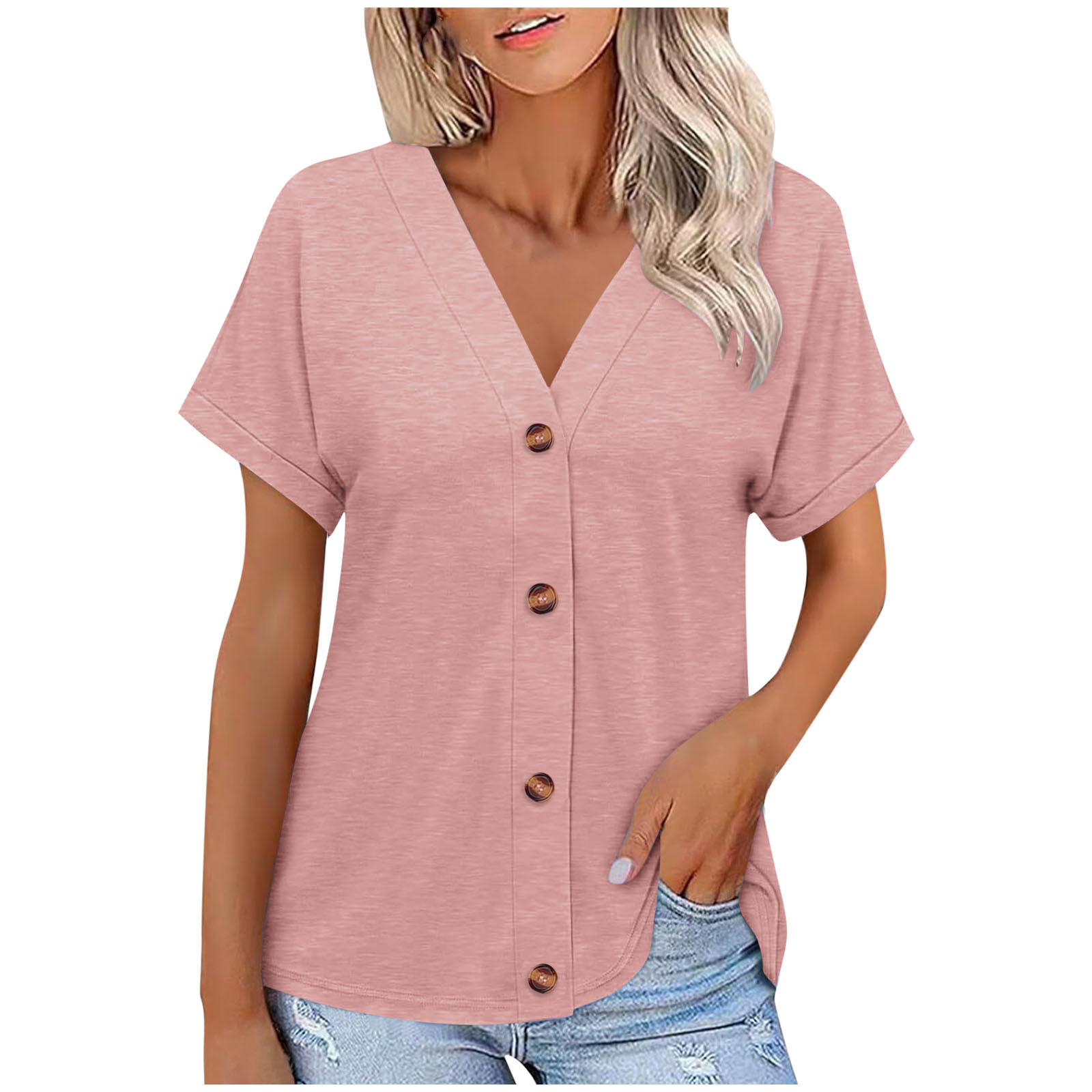 Solid Color Button-Up Loose Short Sleeve Top for Women 10