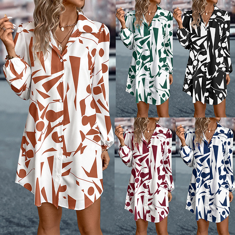 Women's Printed Dress with Lapel Collar