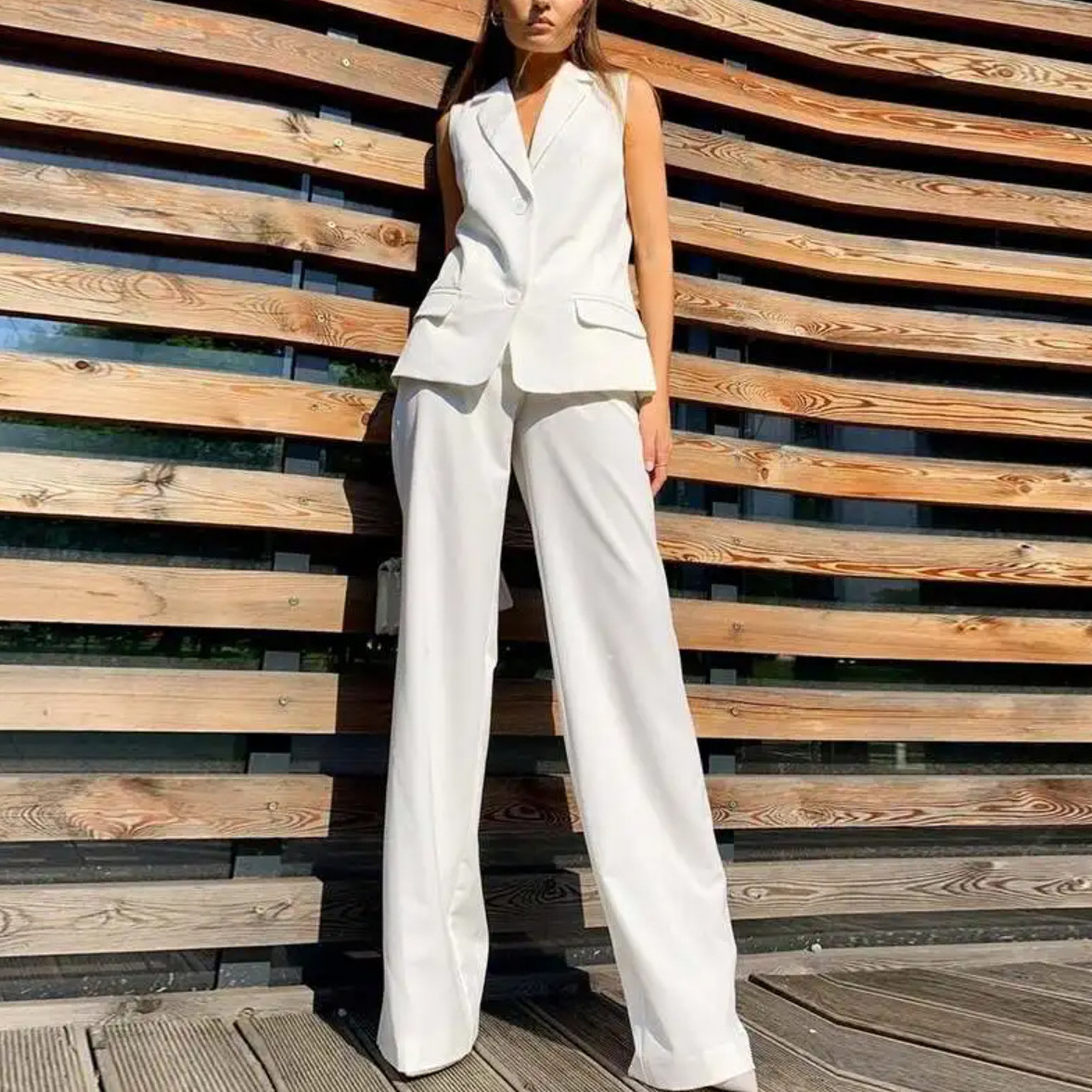 Casual Women's Suit with Lapel Vest and Wide-Leg Trousers