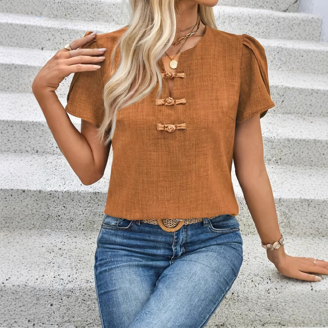 Summer Solid Color Frog Button Short Sleeve Shirt 2