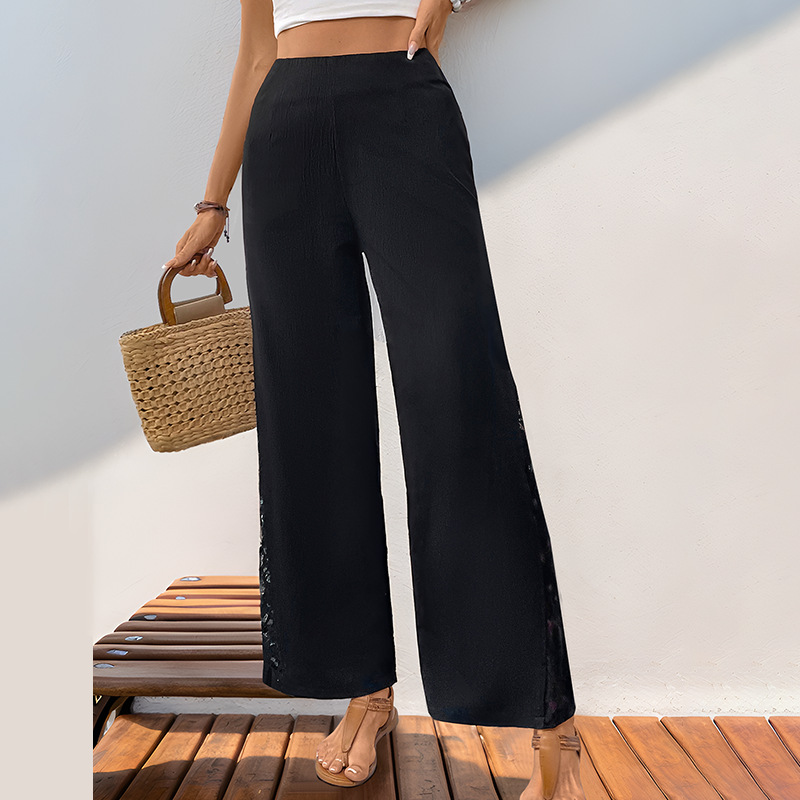 Women's Casual Wide-Leg Trousers with Lace Details