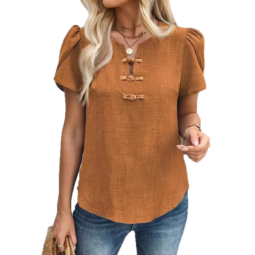 Summer Solid Color Frog Button Short Sleeve Shirt 5