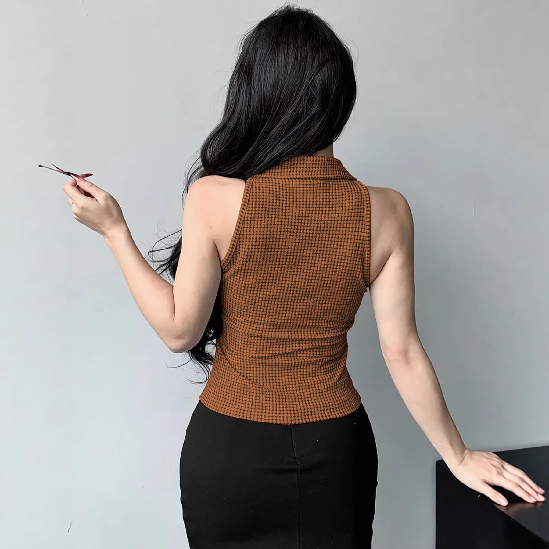 Solid Color Plaid Sexy Top for Women 2