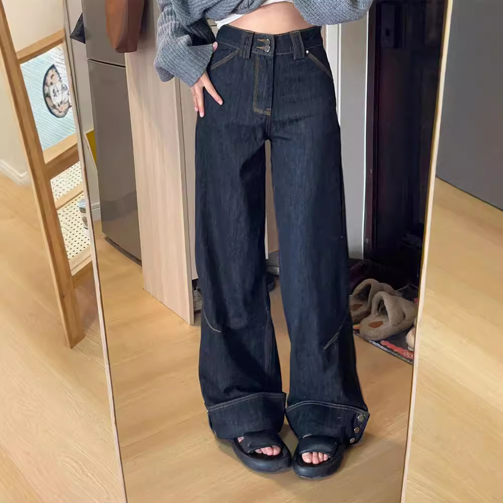 Women's Retro Wide-Leg Straight Denim Pants