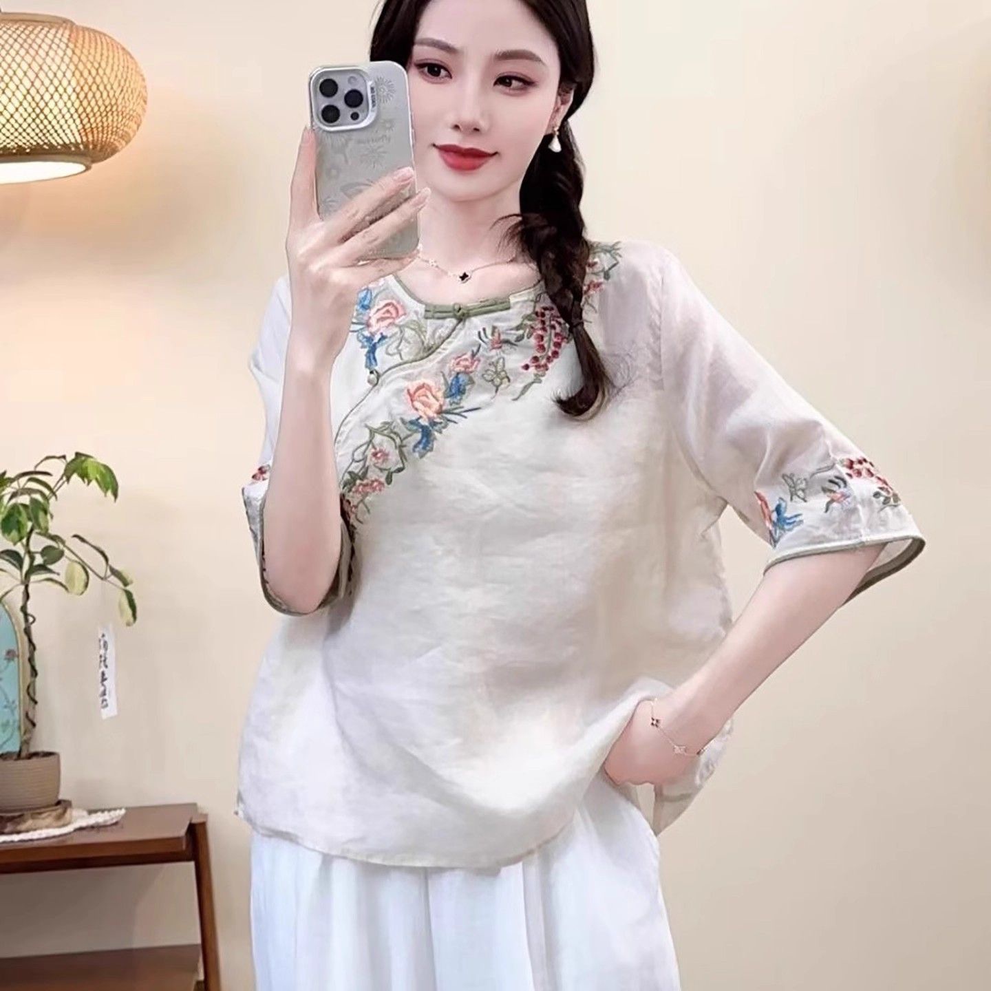Women's Embroidered Cotton-Linen Short Sleeve Shirt 5